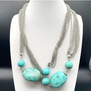 Vintage Silver Tone Bohemian Oval‎ Spherical Turquoise Multi-Chain Necklace Boho